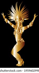 Brazil carnival dancer vector silhouette isolated on black background. Rio De Janeiro street carnival entertainment. Attractive lady in luxury costume. Gold woman sensual erotic dance entertainment.