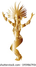Brazil carnival dancer vector silhouette isolated on white background. Rio De Janeiro street carnival entertainment. Attractive lady in luxury costume. Gold woman sensual erotic dance entertainment.