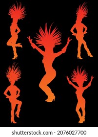 Brazil carnival dancer vector silhouette illustration isolated on black background. Rio De Janeiro street carnival entertainment. Attractive lady in costume. Pretty woman sensual erotic dance.