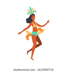 Brazil Carnival Dancer Woman In Colorful Feather Headdress With Feather Tail Jumping In Dancing Pose And Smiling, Happy Samba Performer - Isolated Flat Vector Illustration.