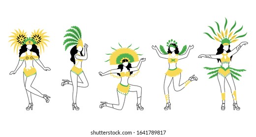 Brazil carnival dancers flat silhouette vector illustrations set. Ladies in carnival wear 2D isolated outline character on white background. Masquerade. Women in bikini. Female performers drawing