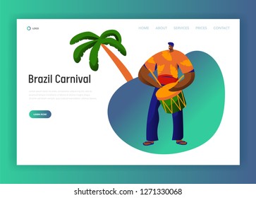 Brazil Carnival Drum Player Character Landing Page Template. Man Dancer at Brazilian Masquerade Festival in Feast Costume Concept for Website or Web Page. Flat Cartoon Vector Illustration