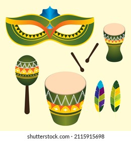 brazil carnival elements, brazil carnival design elements. colored feather masks and brazil drums 