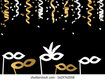 Brazil Carnival Event Background  With Gold and Black Party Elements,  Masks And Confetti
