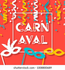 Brazil Carnival Event Sign  With Colorful Party Elements,  Masks And Confetti