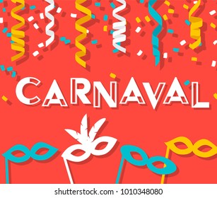 Brazil Carnival Event Sign  With Colorful Party Elements,  Masks And Confetti