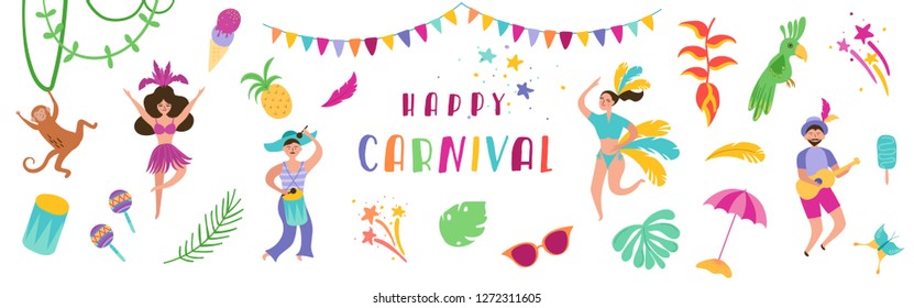 Brazil Carnival Festive Banner with Dancing Characters Woman and Man in Traditional Costumes. Brazilian Samba Dancers Rio de Janeiro. Vector illustration