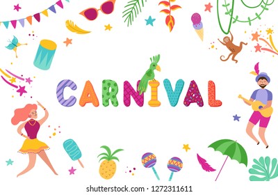 Brazil Carnival Festive Banner with Dancing Characters Woman and Man in Traditional Costumes. Brazilian Samba Dancers Rio de Janeiro. Vector illustration