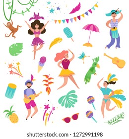 Brazil Carnival Festive Set with Dancing Characters Woman and Man in Traditional Costumes. Brazilian Samba Dancers Rio de Janeiro. Vector illustration