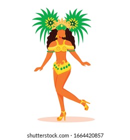 Brazil carnival flat color vector faceless character. Lady in carnival costume. Masquerade parade. Standing woman in festive headdress isolated cartoon illustration for graphic design and animation