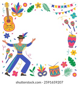 Brazil Carnival frame with man in hat with feathers, guitar, maracas, drums, masks, flowers, leaves, garlands and confetti. Music festival. Vector flat illustration for banner, poster