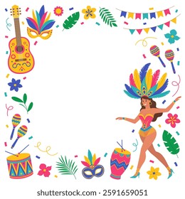 Brazil Carnival frame with woman in costume with feathers, guitar, maracas, drums, masks, flowers, leaves, garlands and confetti. Music festival. Vector flat illustration for banner, poster