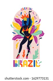 Brazil Carnival. A girl in a carnival costume is dancing. Illustrated template design that can be used in a poster, invitation, merch, flyer. 