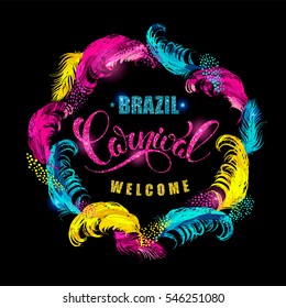 Brazil Carnival. Glitter Lettering Design With Feather Frame. Vector Illustration