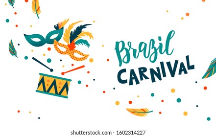 Brazil Carnival hand lettering text as banner, card, logo, icon, invitation template. Vector illustration with colorful party elements.