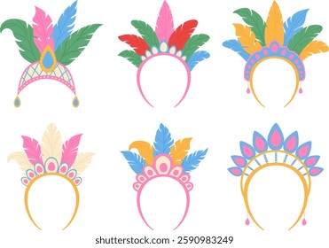 Brazil carnival headdress set. Headpieces with feathers and diamonds. Modern vector illustration