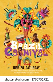 Brazil carnival invitation poster with dancers musicians masks traditional musical instruments on yellow background realistic vector illustration