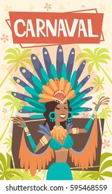 Brazil Carnival Latin Woman Wear Bright Costume Traditional Rio Party Flat Vector Illustration