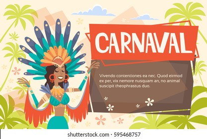 Brazil Carnival Latin Woman Wear Bright Costume Traditional Rio Party Flat Vector Illustration