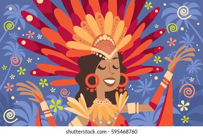 Brazil Carnival Latin Woman Wear Bright Costume Traditional Rio Party Flat Vector Illustration