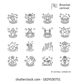 Brazil carnival line icons set. Traditional Brazilian samba festival, masquerade in Rio de Janeiro, Sao Paulo, Salvador and more. Carnival elements. Isolated vector illustrations. Editable stroke 