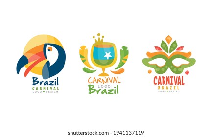 Brazil Carnival Logo Collection, Festival Badges with Traditional Carnival Show Symbols Cartoon Vector Illustration