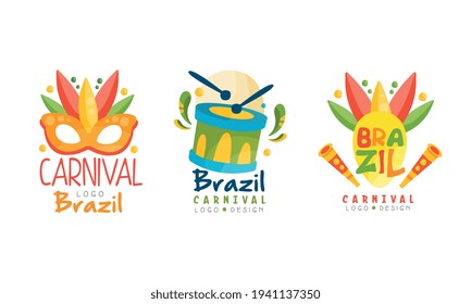 Brazil Carnival Logo Templates Set, Colorful Bright Festival Labels with Traditional Dance Carnival Show Symbols Cartoon Vector Illustration