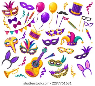 Brazil carnival masks, costumes and musical instruments. Brazilian masquerade or fair attributes with cartoon vector feather mask, fireworks, balloons and harlequin hat, guitar, drum and trumpet