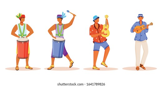 Brazil carnival musicians flat color vector faceless characters set. Latino men playing on traditional musical instruments. Standing males isolated cartoon illustrations on white background