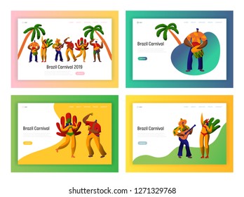Brazil Carnival Party Character Dance Landing Page. Man Woman Dancer at Brazilian Ethnic Festival in Exotic Costume Concept for Website or Web Page. Flat Cartoon Vector Illustration