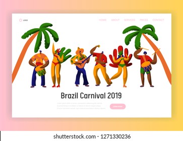 Brazil Carnival Party Character Dance Landing Page. Man Woman Dancer at Brazilian Ethnic Festival in Exotic Costume Concept for Website or Web Page. Flat Cartoon Vector Illustration