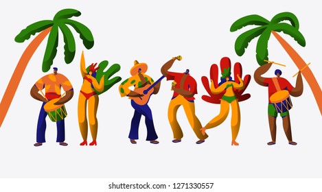 Brazil Carnival Party Character Dance Samba Set. Man Woman Dancer at Brazilian Ethnic Festival Isolated on White Background. Exotic Costume People Collection Flat Cartoon Vector Illustration