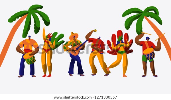 ブラジルのカーニバルパーティーのキャラクターダンスサンバセット 白い背景にブラジル の民族祭の男性女性ダンサー エキゾチックな衣装を着た人物コレクションの平らな漫画のベクターイラスト のベクター画像素材 ロイヤリティフリー