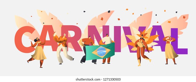 Brazil Carnival Party Character Dancer Poster Typography. Man Woman Dance at Brazilian Holiday Music Festival Banner Design. Exotic Celebration Flat Cartoon Vector Illustration