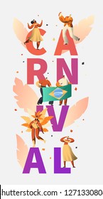 Brazil Carnival Party Character Dancer Poster Typography. Man Woman Dance at Brazilian Holiday Music Festival Banner Design. Exotic Celebration Flat Cartoon Vector Illustration