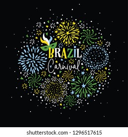 Brazil carnival party greeting card, invitation. Set of hand drawn green, yellow and blue fireworks, stars and sparks with hand-lettered text, black background. Celebration concept. Modern vector.