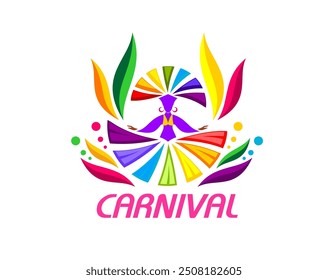 Ícone da festa de carnaval no Brasil com dançarina de samba, símbolo do evento de entretenimento. Isolado vetor emblema vibrante e colorido representando o Carnaval brasileiro para festivas promoções e celebrações