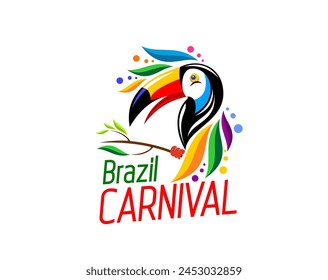 Icono de la fiesta de carnaval de Brasil de tucán para el evento de entretenimiento, símbolo de Vector. Samba brasileña emblema del carnaval con el pájaro del tucán en plumas del arco iris y colores salpican para el festival de baile en Brasil signo