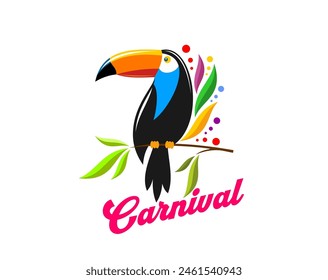 Brazil carnival party icon with toucan. Rio carnaval entertainment event of samba dance and latin music isolated vector sign with tropical toucan or toucanet bird with colorful feathers and confetti