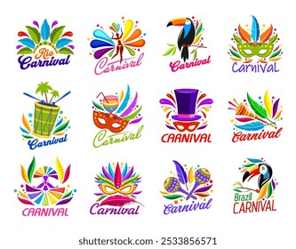 Iconos de fiesta de carnaval de Brasil. Evento de entretenimiento del carnaval de Río, desfile de fiesta de baile de samba y símbolos del Vector del festival de música brasileña. Confeti festivo, máscaras, bailarines latinos, plumas y maracas