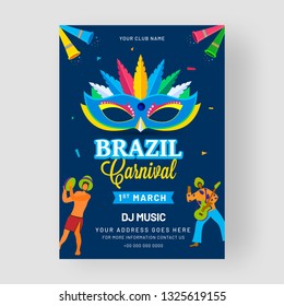 Brazil Carnival party template design with illustration of party mask and dancing people character on blue background. 