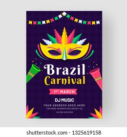 Brazil Carnival party template or flyer design with flat style party mask and popper on purple background.