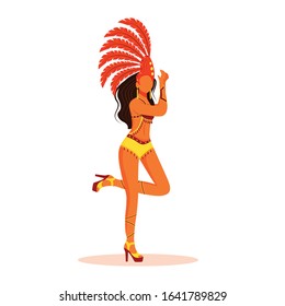 Brazil carnival performer flat color vector faceless character. Latino lady in bikini. Standing woman in red crown with plumage isolated cartoon illustration for web graphic design and animation
