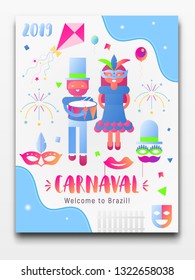 Brazil Carnival Poster, Banner. Invitation Card for Popular Event - Brasil Carnaval - Text and Objects and Symbols. Vector Illustration.