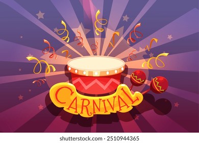 Brazil carnival poster. Brazilian festive party banner with confetti, stage in shape of drums for samba dancing and maracas. Summer colorful cartoon vector illustration.