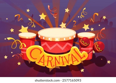 Brazil carnival poster. Brazilian festive party banner with confetti, stage in shape of drums for samba dancing and maracas. Summer colorful cartoon vector illustration.