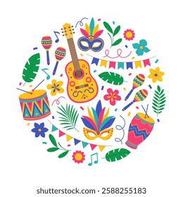 Brazil Carnival poster in circle shape with guitar, maracas, drums, masks, flowers, leaves, garlands and confetti. Festival design. Vector flat illustration for banner, invitation, greeting card