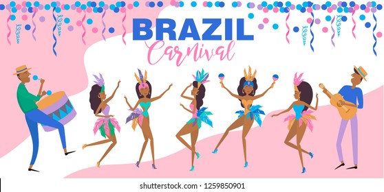 Brazil Carnival poster template with Brazilian samba dancer. Carnival in Rio de Janeiro with girls wearing a festival costume. Editable vector illustration