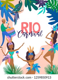 Brazil Carnival poster template with Brazilian samba dancer. Carnival in Rio de Janeiro with girls wearing a festival costume. Editable vector illustration