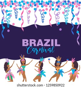 Brazil Carnival poster template with Brazilian samba dancer. Carnival in Rio de Janeiro with girls wearing a festival costume. Editable vector illustration